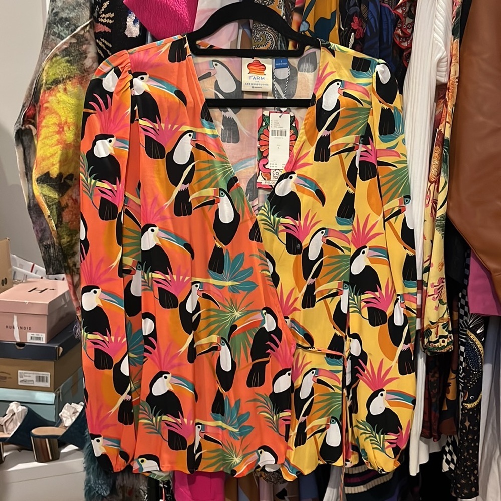 🎉RARE🎉Anthropologie NWT Farm Rio Rainforest Wrap Blouse Toucans Tropical Birds S - Picture 16 of 16
